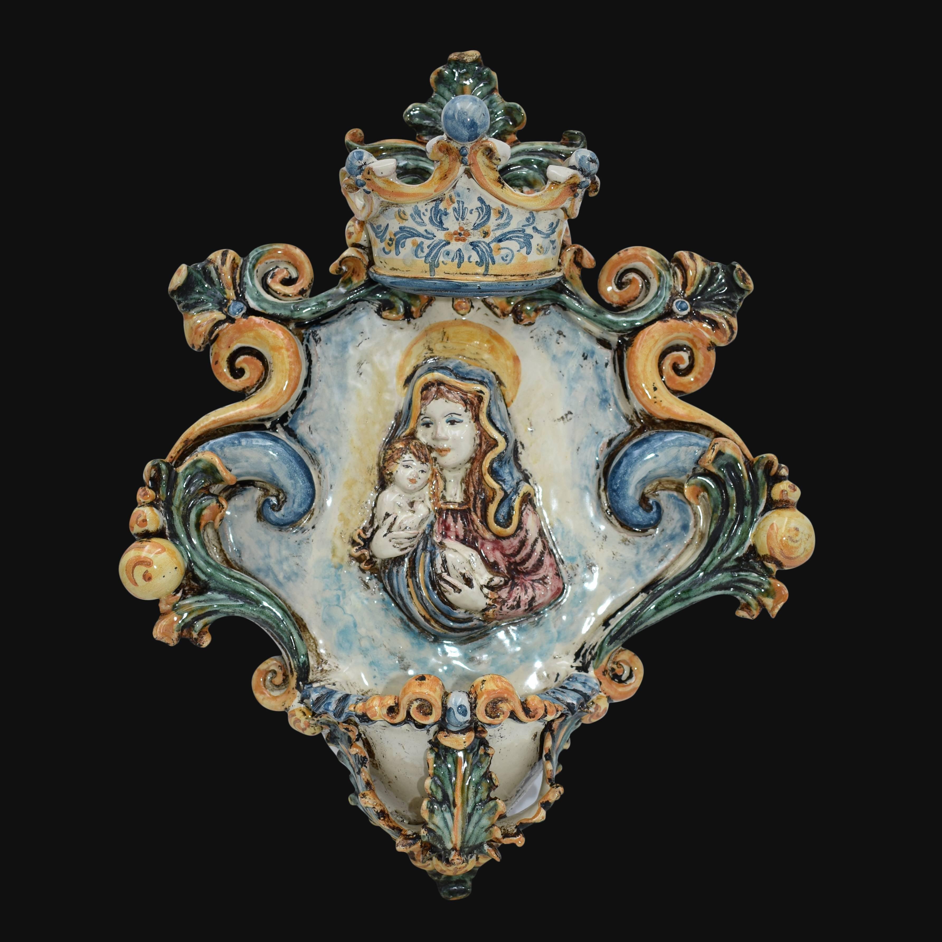 Acquasantiera grande appl 25x35 madonna in rilievo tricolore - Ceramiche di Caltagirone Sofia