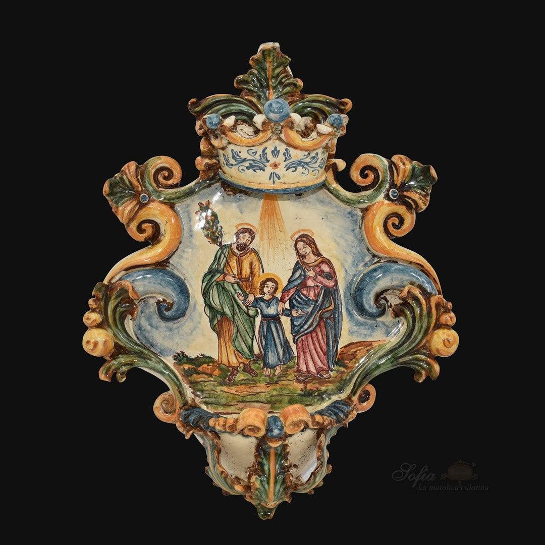 Acquasantiera grande appl 25x35 sacra famiglia tricolore - Ceramiche di Caltagirone Sofia