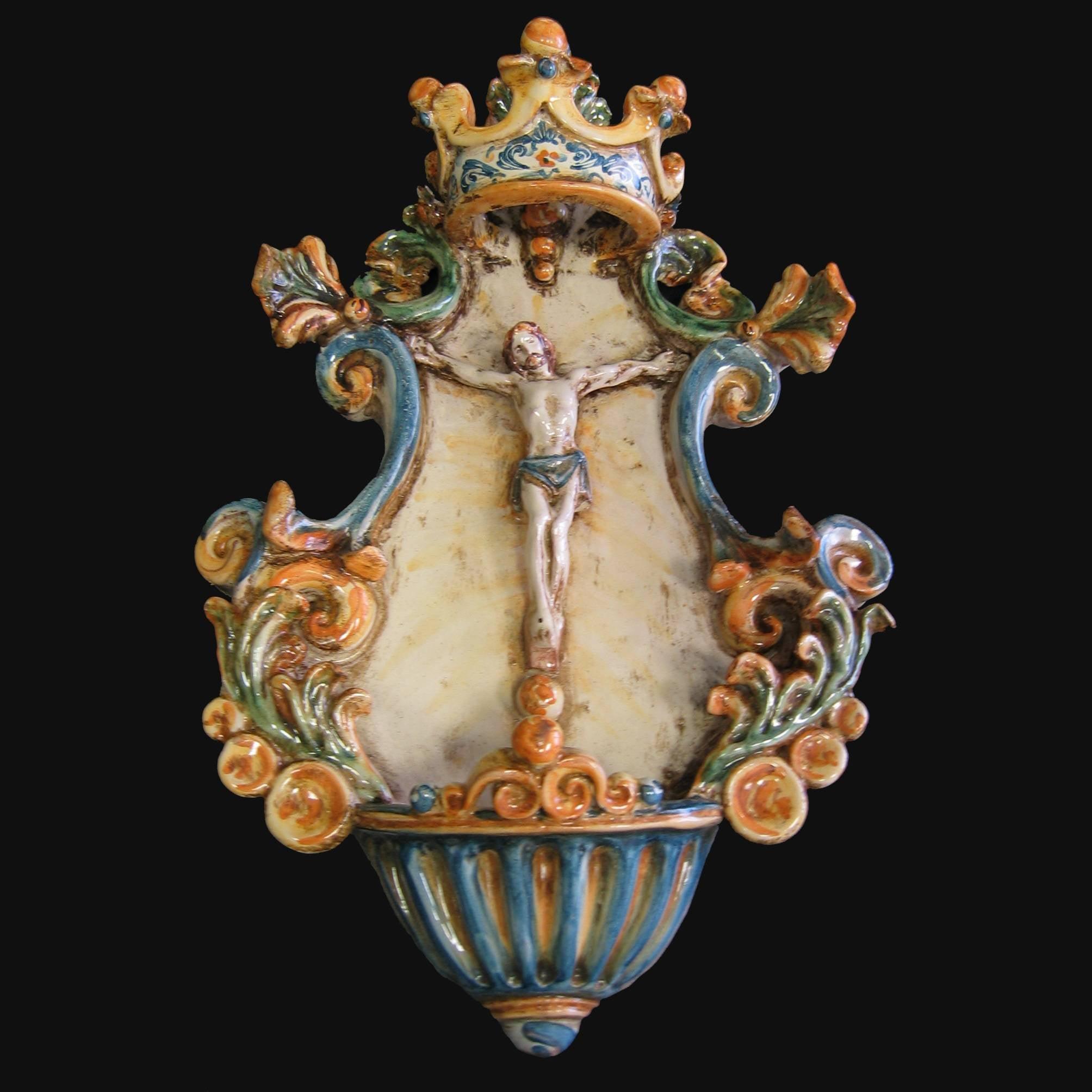Acquasantiera media appl 19x30 cristo in rilievo tricolore - Ceramiche di Caltagirone Sofia