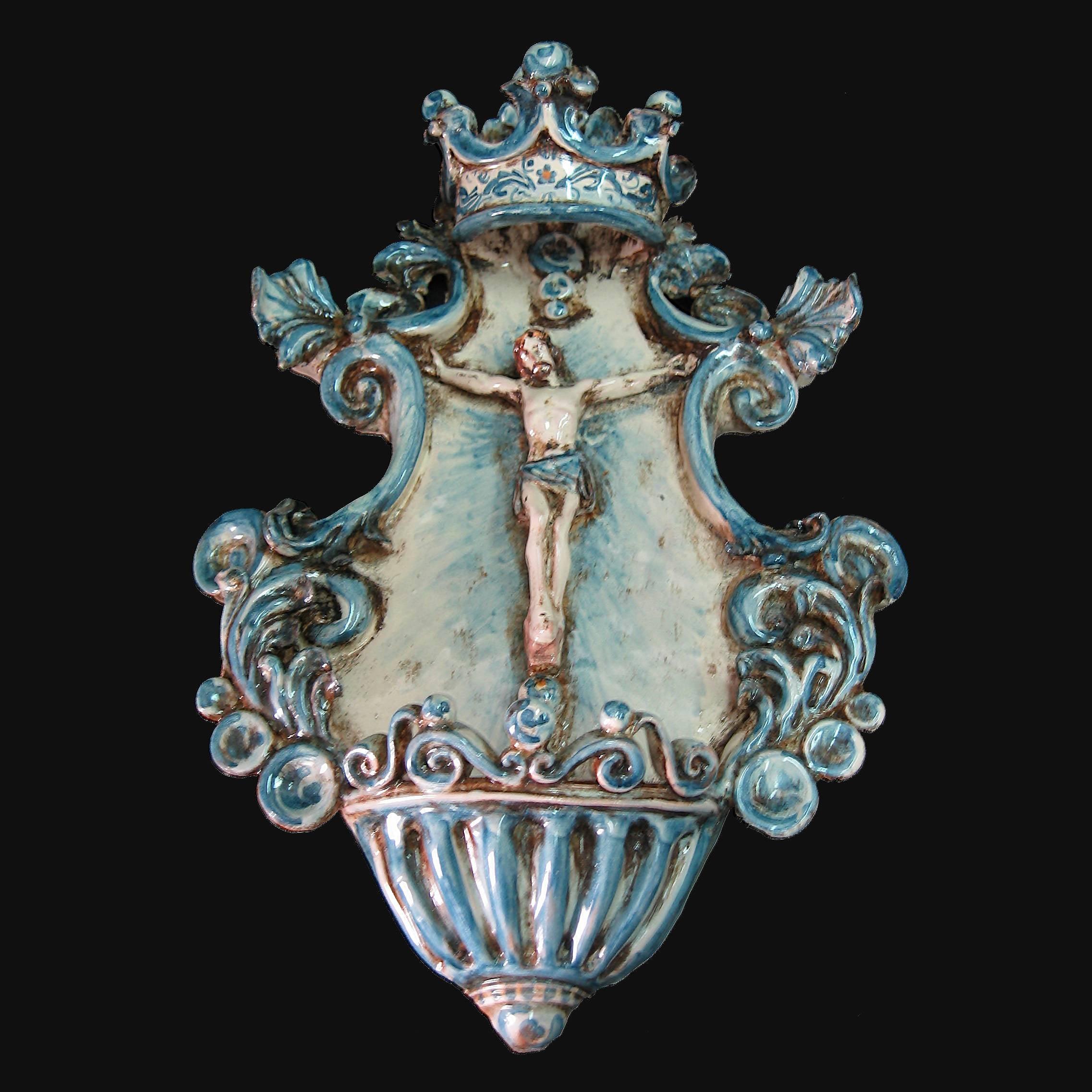 Acquasantiera media appl 19x30 cristo rilievo mono blu - Ceramiche di Caltagirone Sofia