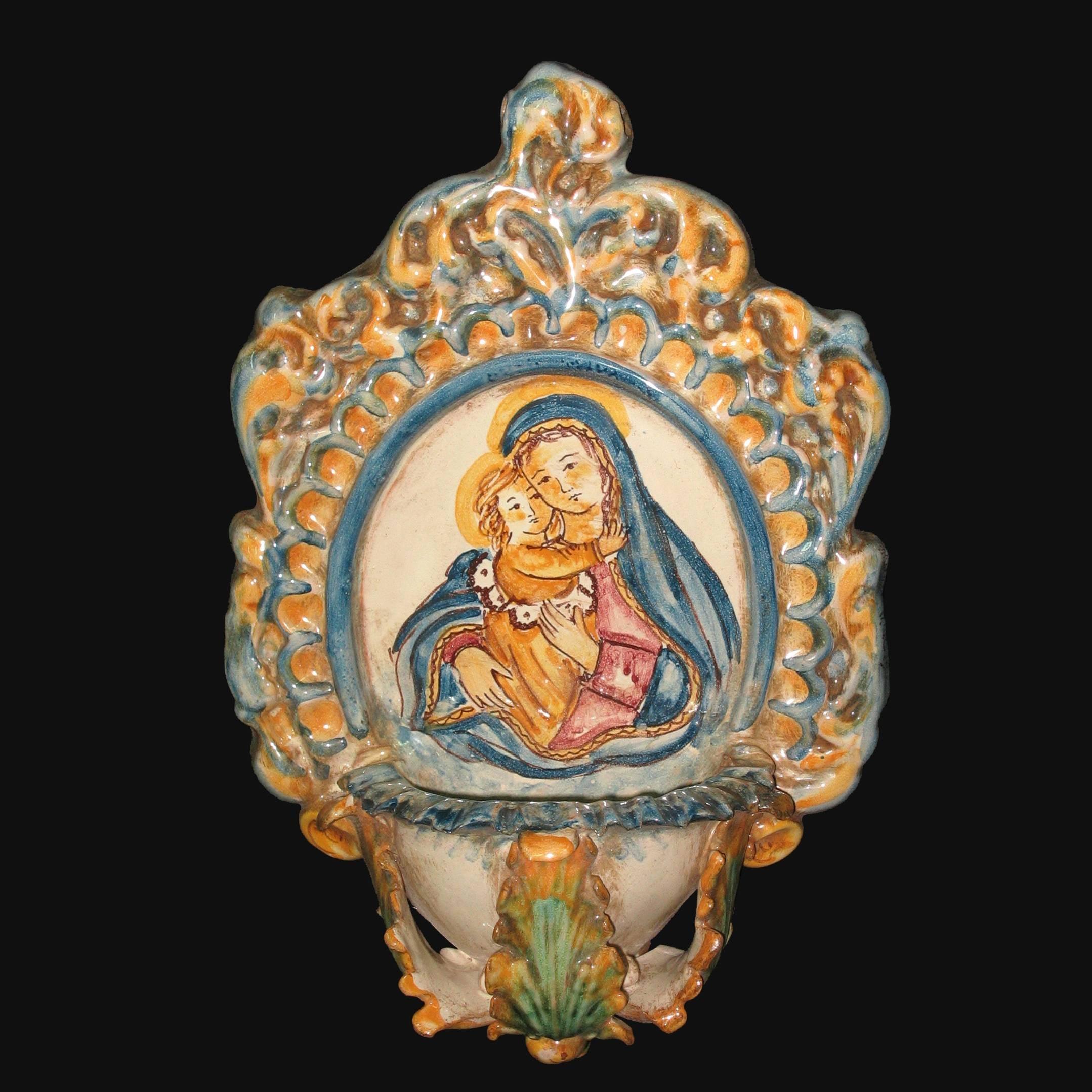 Acquasantiere media tre foglie appl 15x25 madonna con gesù tricolore - Ceramiche di Caltagirone Sofia
