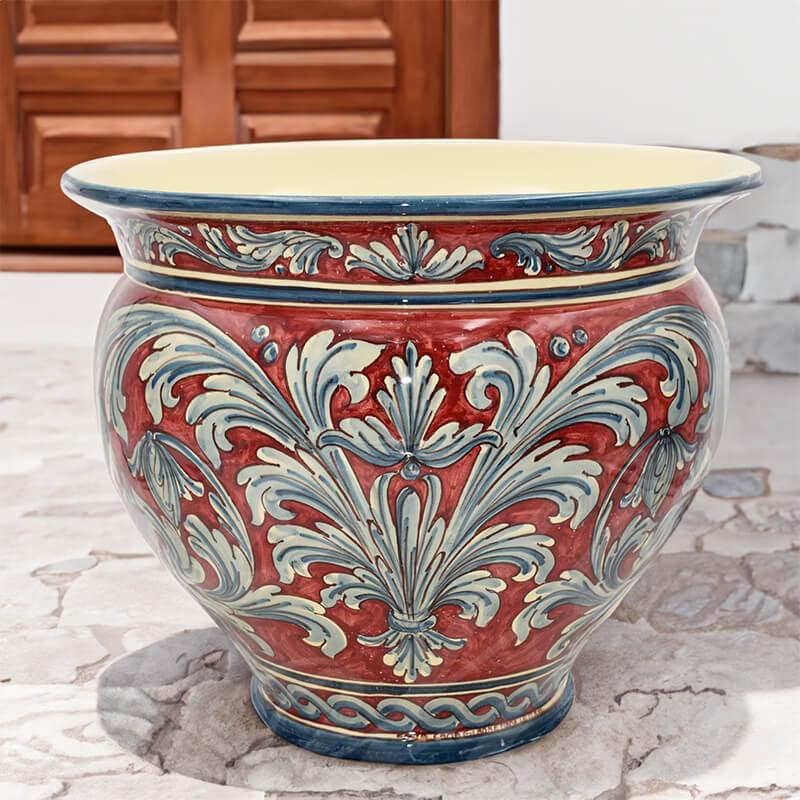 Cachepot portapianta in serie ornato blu e bordeaux - Ceramiche di Caltagirone Sofia