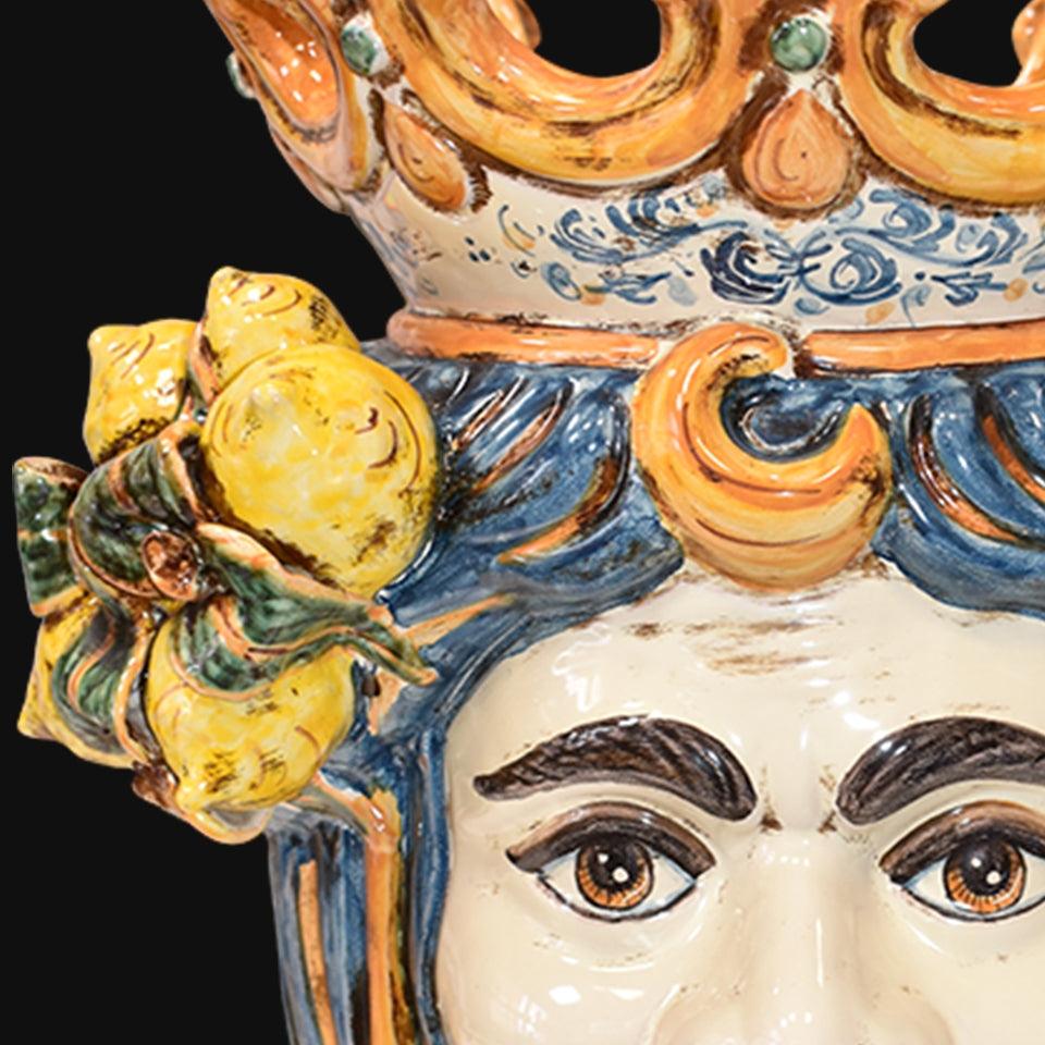 Lume a testa h 70 cm limoni blu e arancio maschio bianco - Ceramiche di Caltagirone Sofia