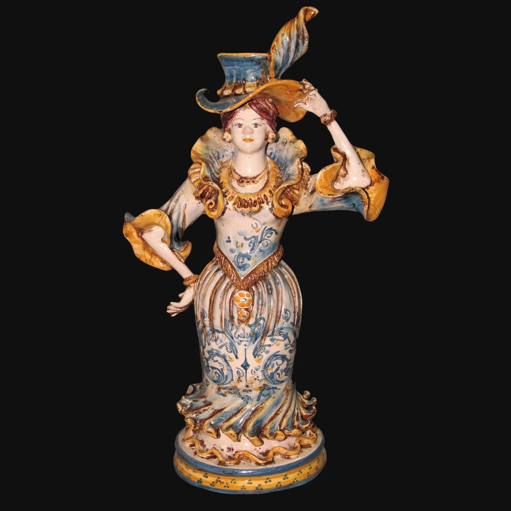 Lumiera piccola femmina h 31 blu e arancio - Modellato a mano - Ceramiche di Caltagirone Sofia