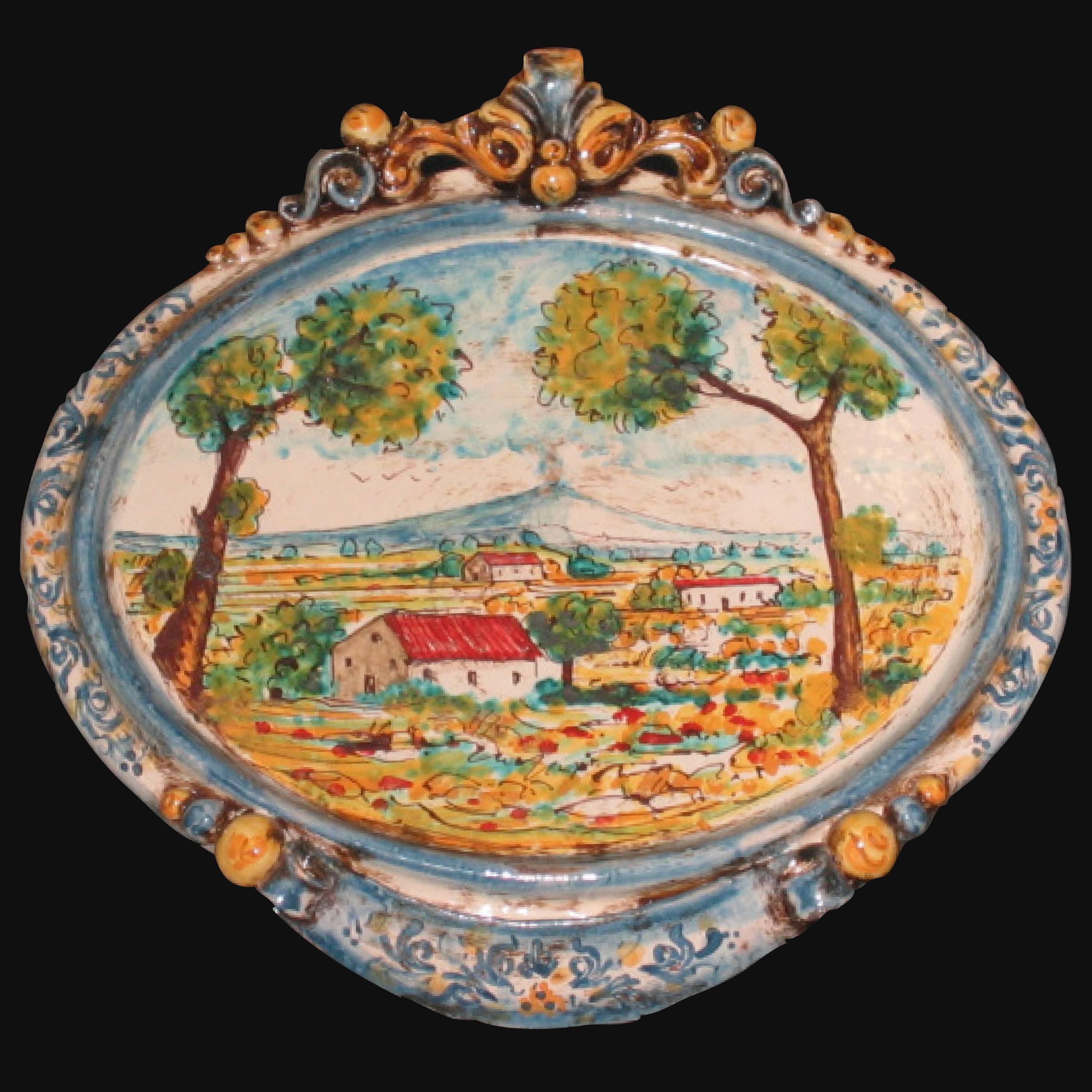 Ovale orizzontale medio con paesaggio cm 23x25 blu e arancio in Ceramica Artistica di Caltagirone - Ceramiche di Caltagirone Sofia