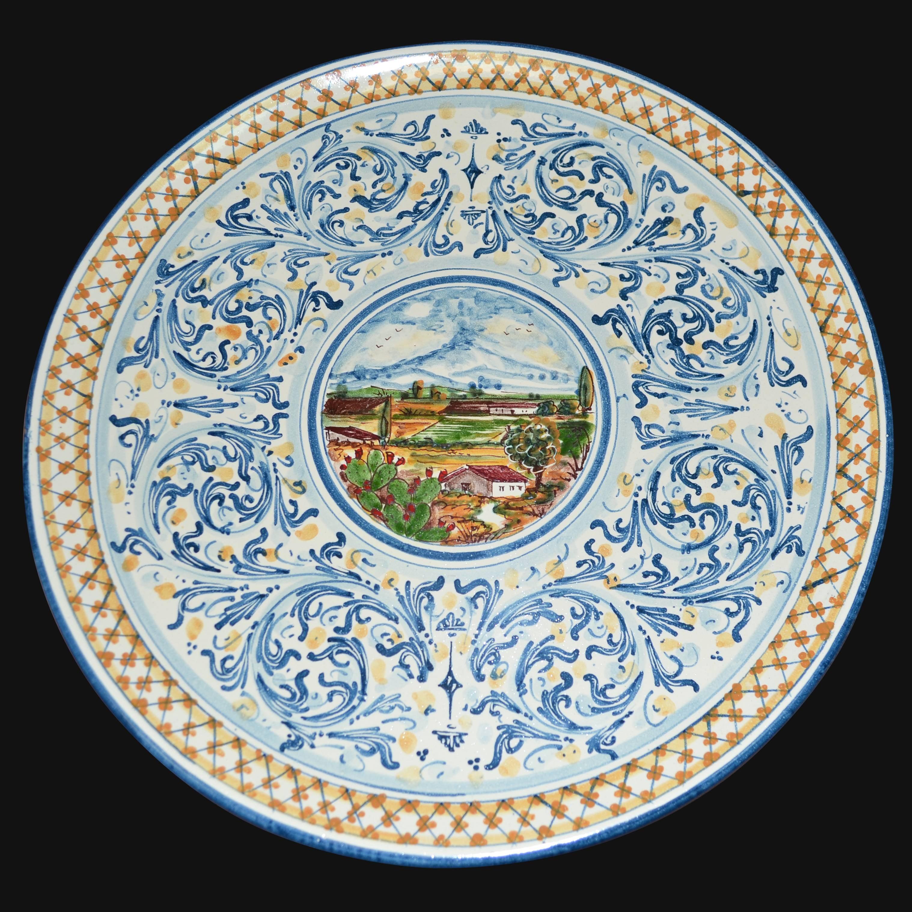 Piatto ornamentale Ø 35/40 serie d'arte in blu e arancio in ceramica artistica di Caltagirone - Ceramiche di Caltagirone Sofia
