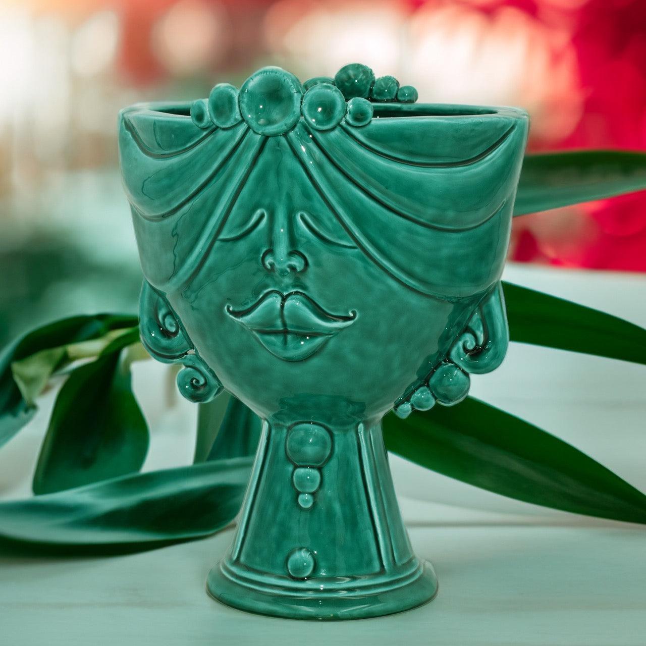 Testa Donna in Ceramica Caltagirone | Zahira Verde Smeraldo 30cm - Ceramiche di Caltagirone Sofia