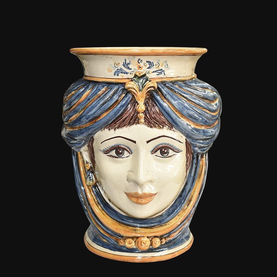Ceramica di Caltagirone fatta a mano con volto femminile dipinto a mano, blu e oro