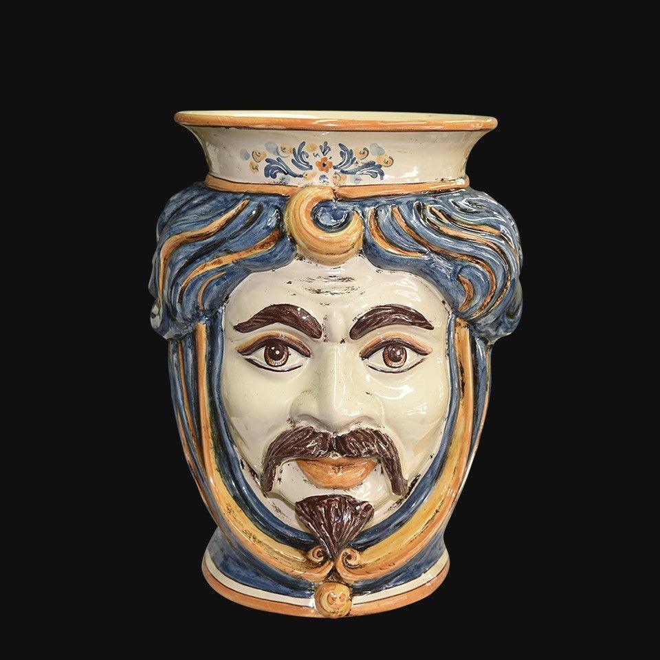 Ceramica di Caltagirone fatta a mano con volto maschile dipinto, blu e oro, stile tradizionale siciliano