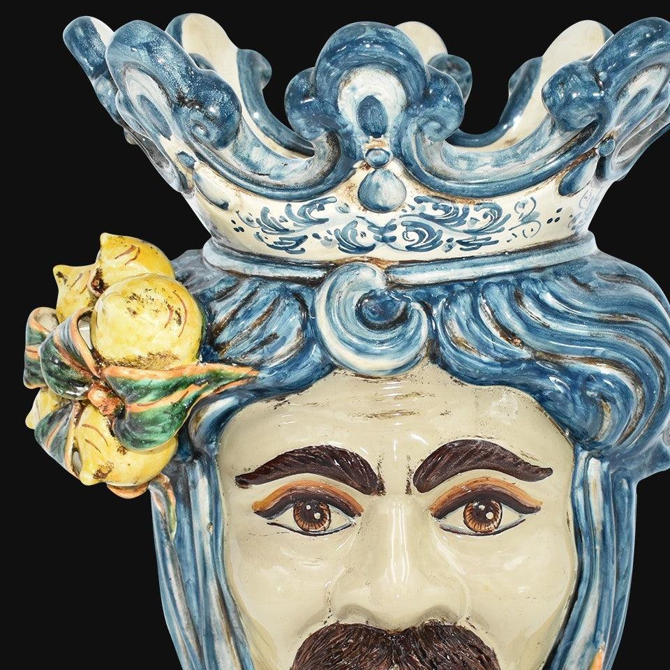 Testa h 40 con limoni siciliani mono blu maschio bianco - Ceramiche di Caltagirone Sofia