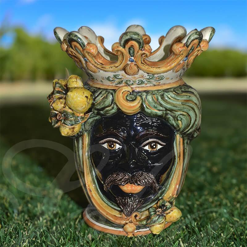 Testa h 40 limoni verde/arancio maschio moro - Ceramiche di Caltagirone Sofia