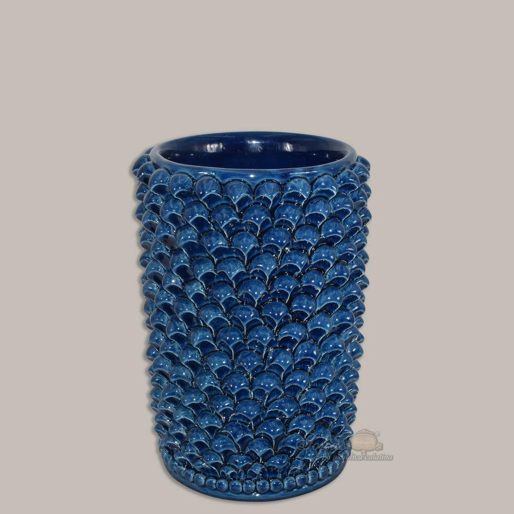 Vaso cilindro pigna di Caltagirone modellata a mano altezza 25 cm in blu intenso - Ceramiche di Caltagirone Sofia