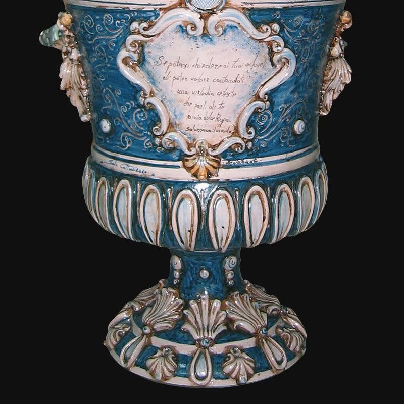 Vaso monumentale blu ceramiche di Caltagirone Sofia, dettagli ricchi, ceramiche caltagirone fatti a mano.