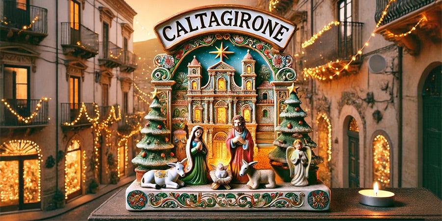 Presepe artigianale con ceramiche Caltagirone fatti a mano illuminato da luci natalizie in strada storica