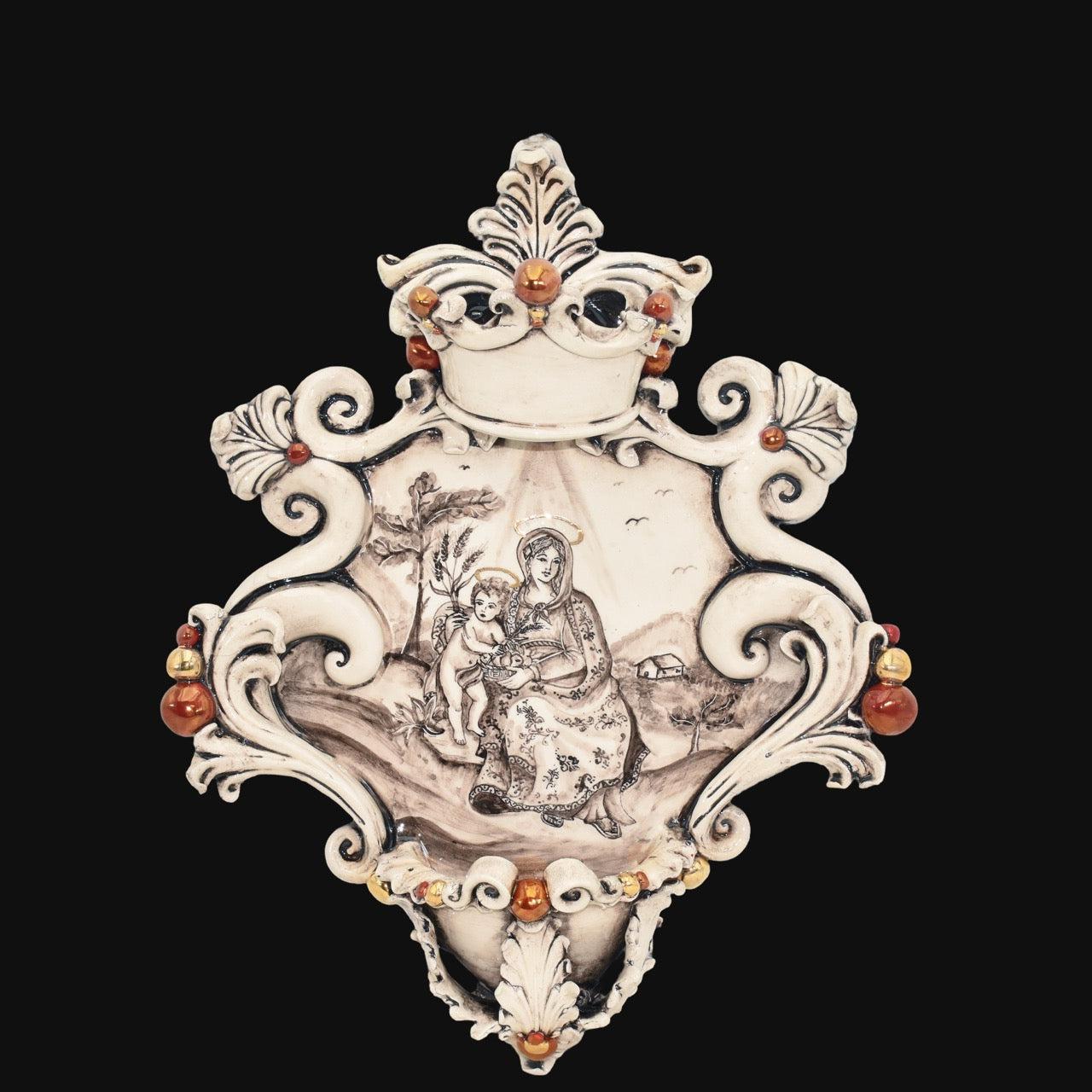 Acquasantiera grande appl 25×35 madonna valderice madreperla antichizzato oro e lustri - Serie Limitata