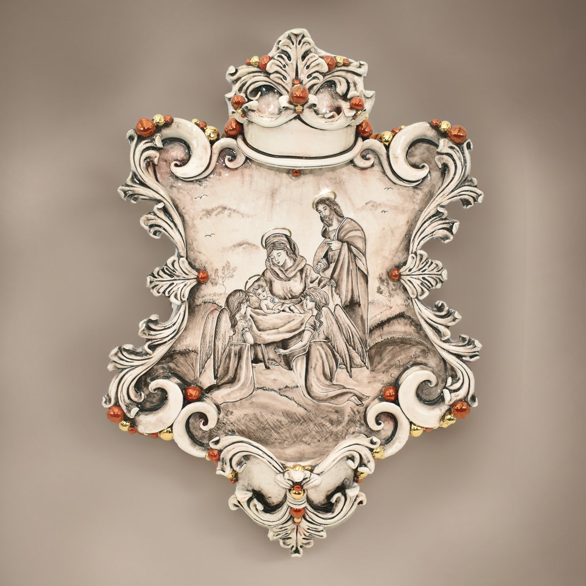 Acquasantiera maxi appl rettangolare 35×45 natività c/angeli madreperla antichizzato oro e lustri