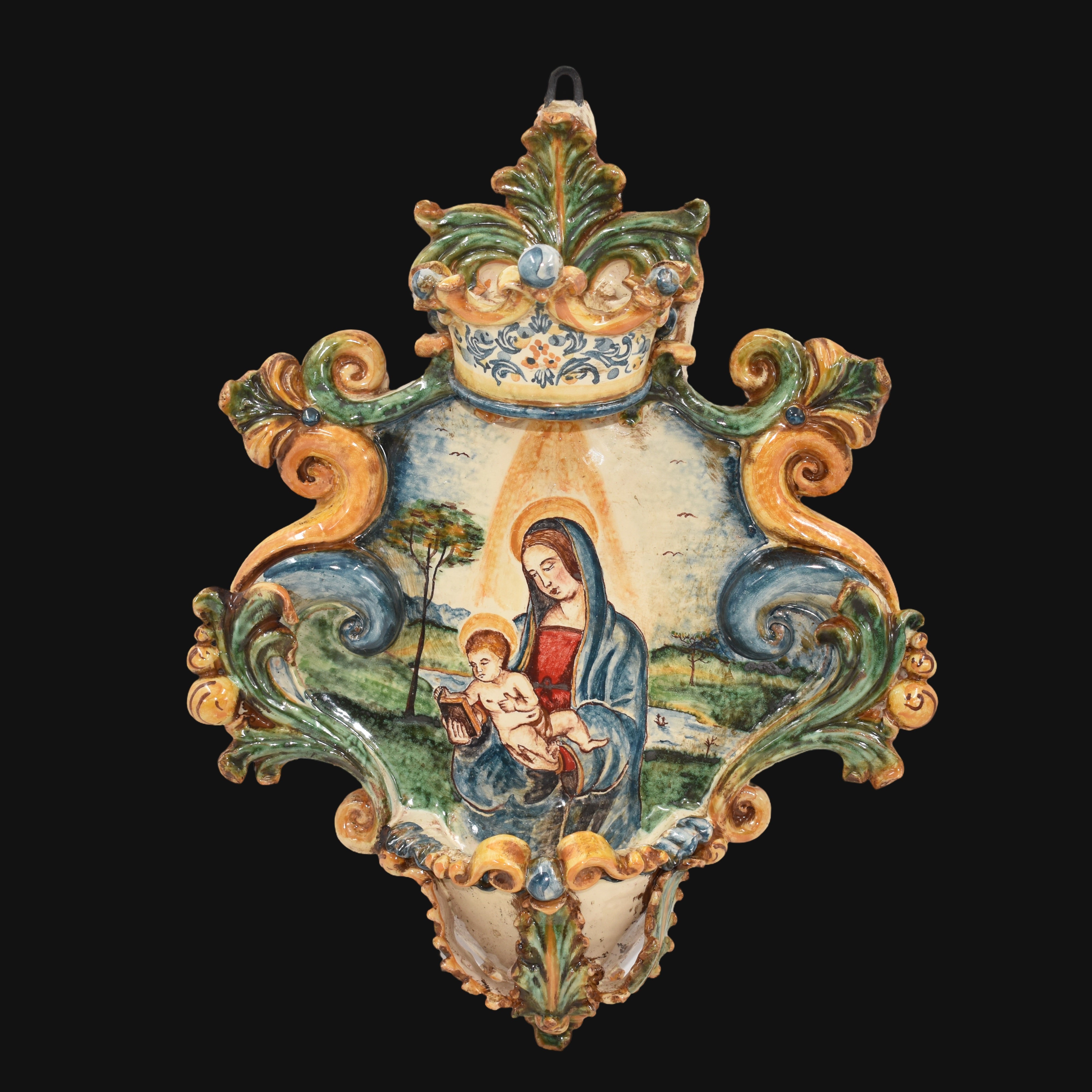 Acquasantiera grande appl 25x35 di raffaello/madonna con libro tricolore