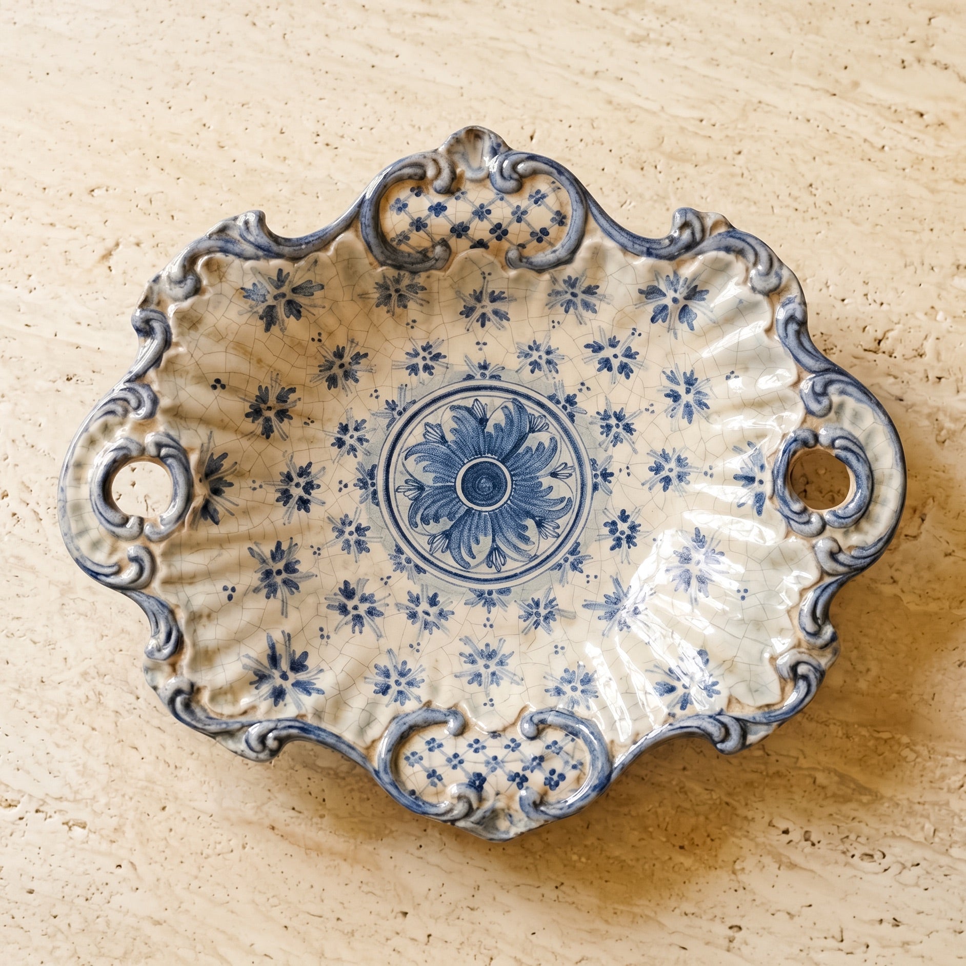 Sizilianischer Tafelaufsatz Keramik 38×33 cm, Linea Stars, Mono Blau – Italienische Keramik aus Caltagirone, Sizilien
