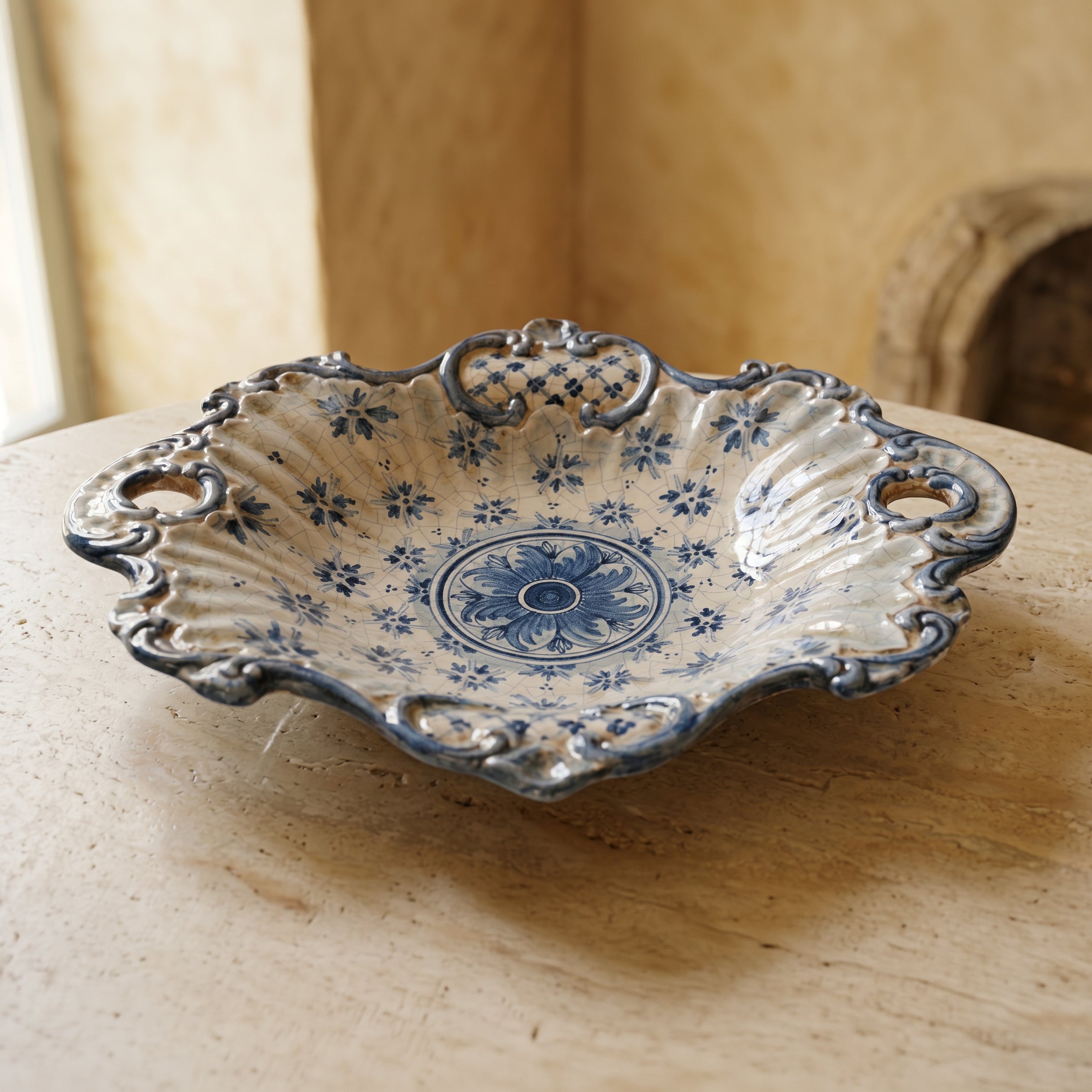 Sizilianischer Tafelaufsatz Keramik 38×33 cm, Linea Stars, Mono Blau – Italienische Keramik aus Caltagirone, Sizilien