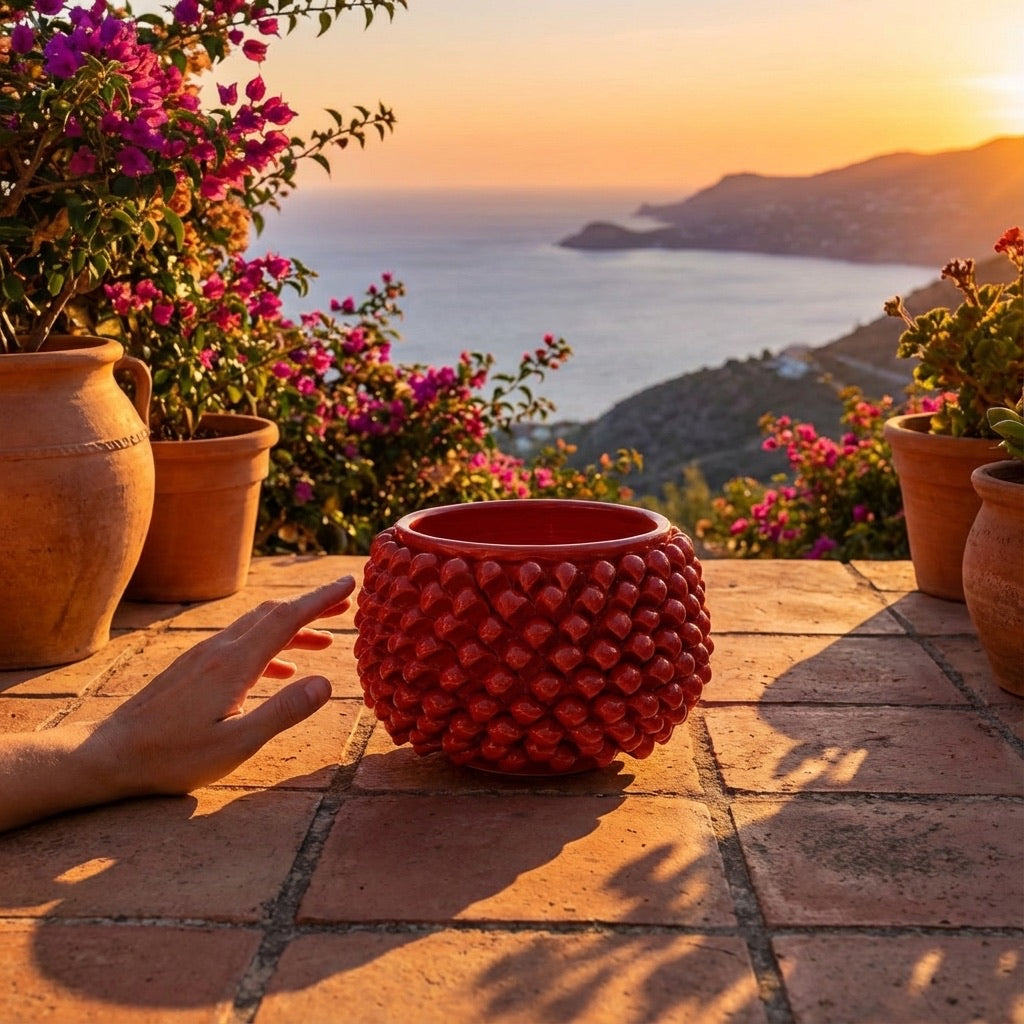 Vaso mezza pigna s/piede rosso fuoco in ceramica di Caltagirone