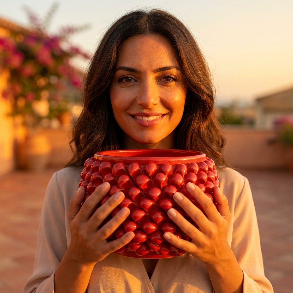 Vaso mezza pigna s/piede rosso fuoco in ceramica di Caltagirone