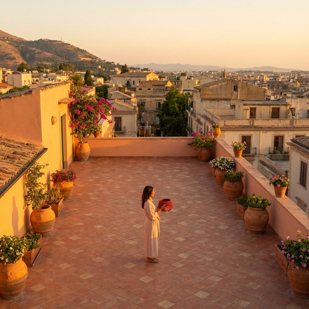 Vaso mezza pigna s/piede rosso fuoco in ceramica di Caltagirone