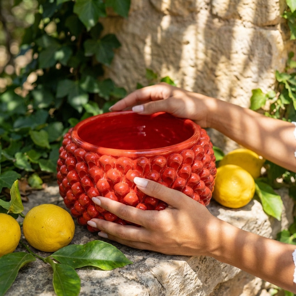 Vaso mezza pigna s/piede rosso fuoco in ceramica di Caltagirone