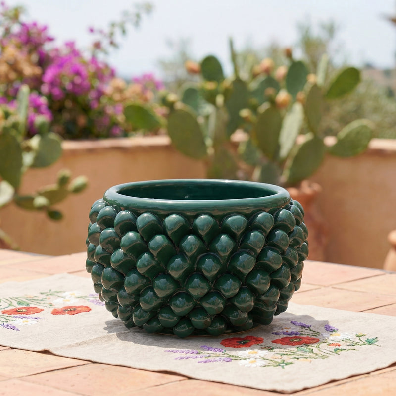 Vaso mezza pigna s/piede verde antico in ceramica di Caltagirone