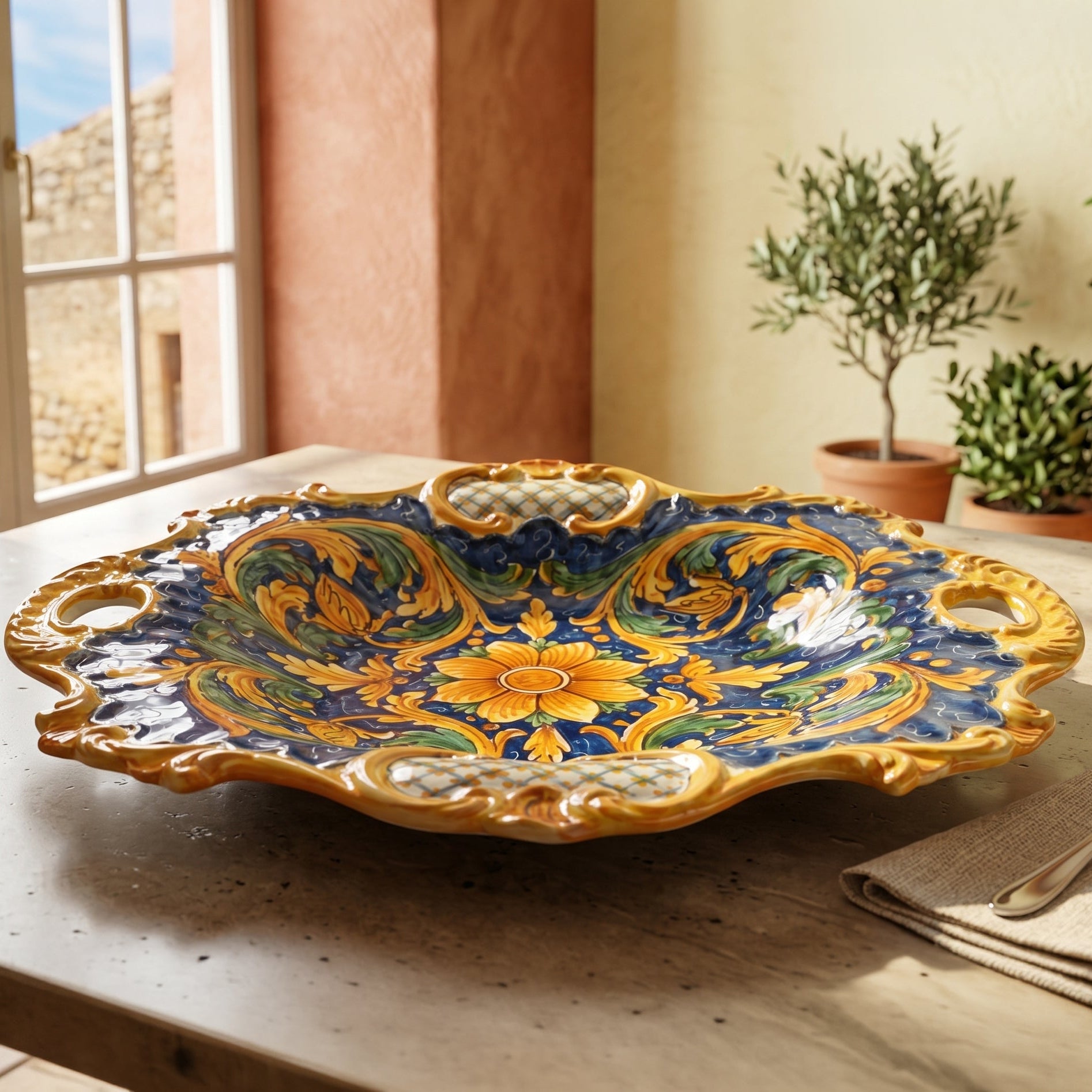 Centrotavola Barocco in Ceramica di Caltagirone 38×33 cm — Ornato Calatino