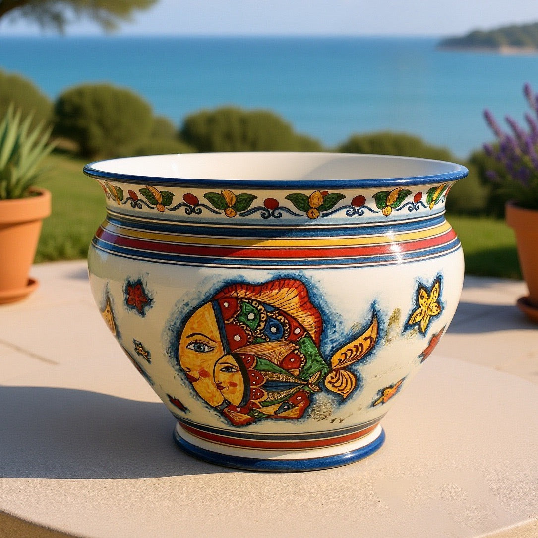 Cachepot decoro Pesci in ceramica siciliana di Caltagirone