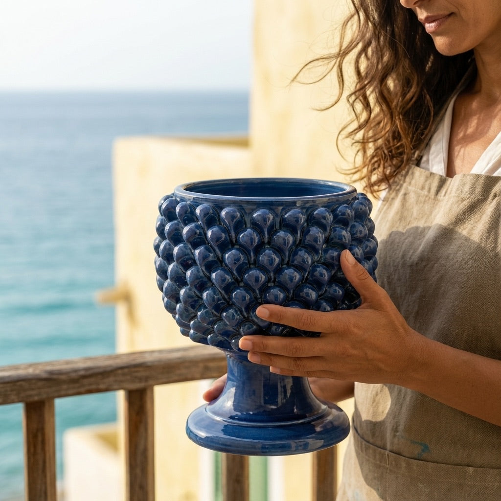 Vaso mezza pigna blu intenso in ceramica di Caltagirone