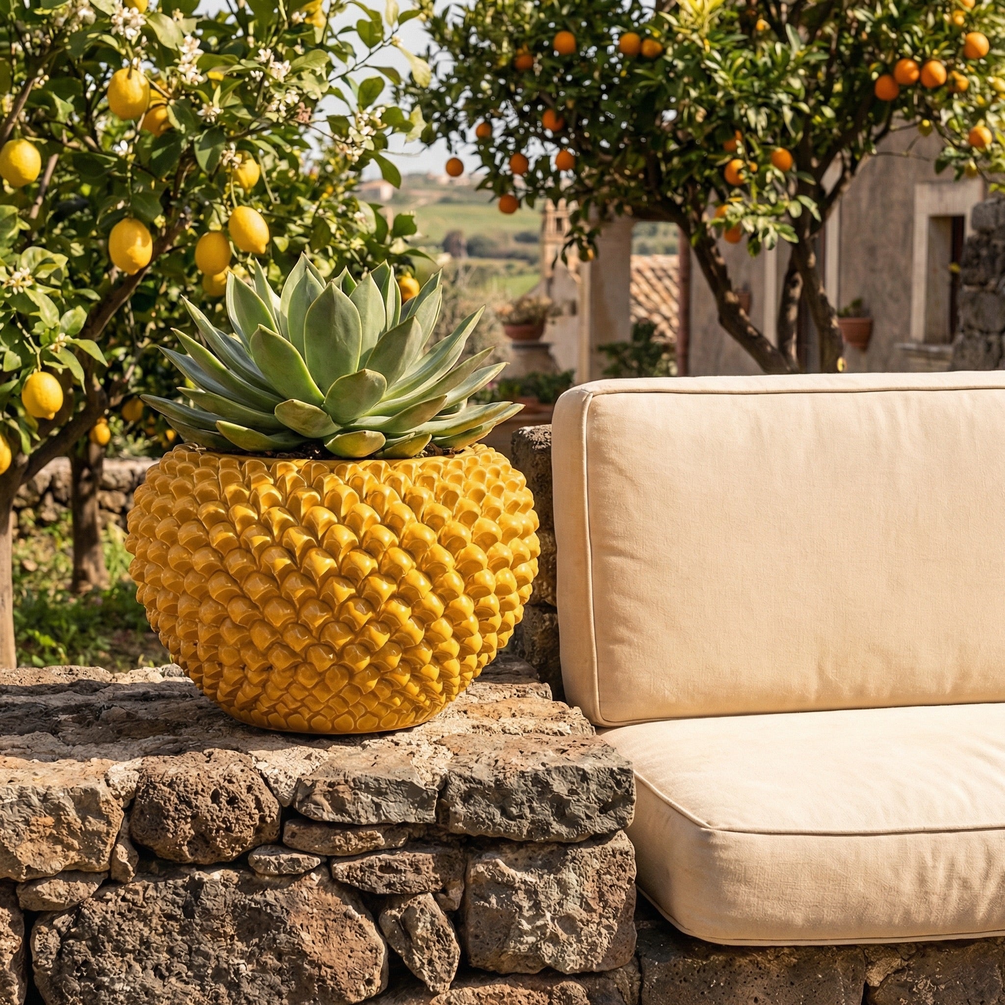 Cachepot a pigna senape in ceramica artigianale di Caltagirone