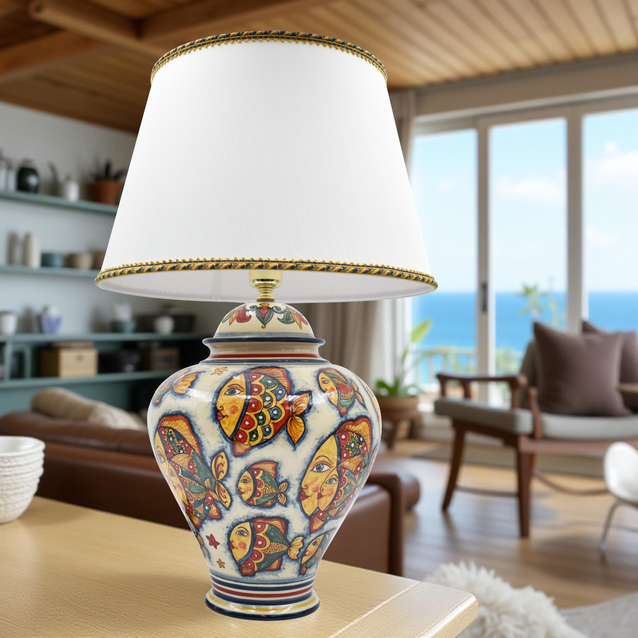 Lume Potiche Decoro Pesci in ceramica di Caltagirone (h65 c/paralume Ø40)