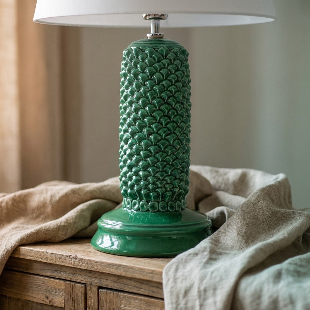 Lume pigna cilindro h 60 Verde Smeraldo in ceramica di Caltagirone