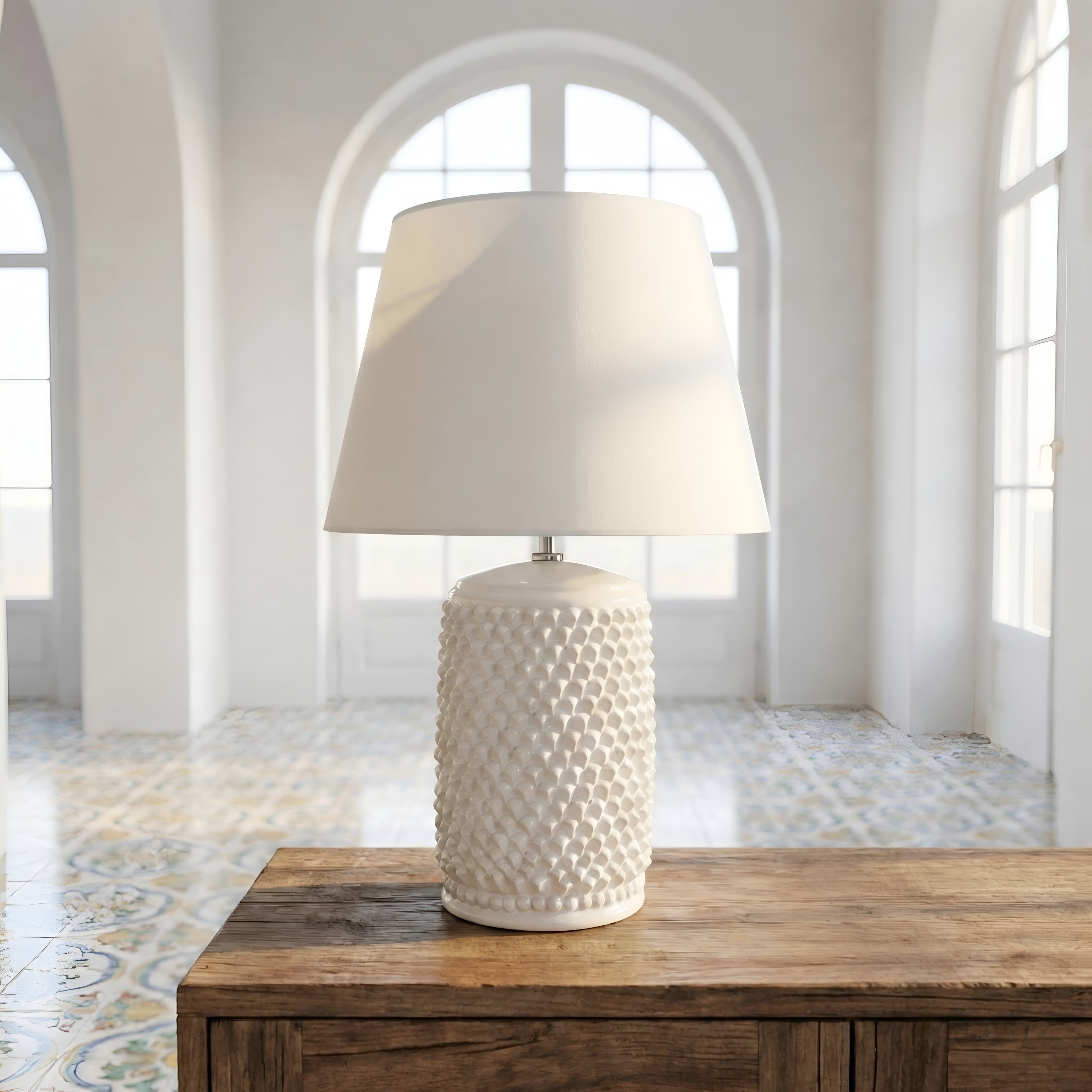 Lume pigna cilindro h 60 White Line in ceramica di Caltagirone