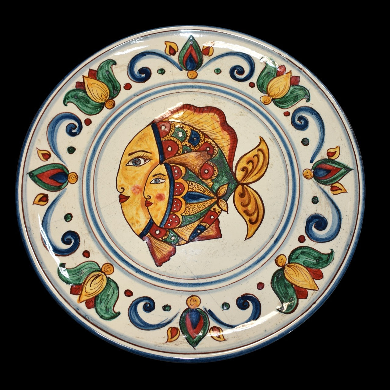 Piatto ornamentale in ceramica di caltagirone decoro pesci