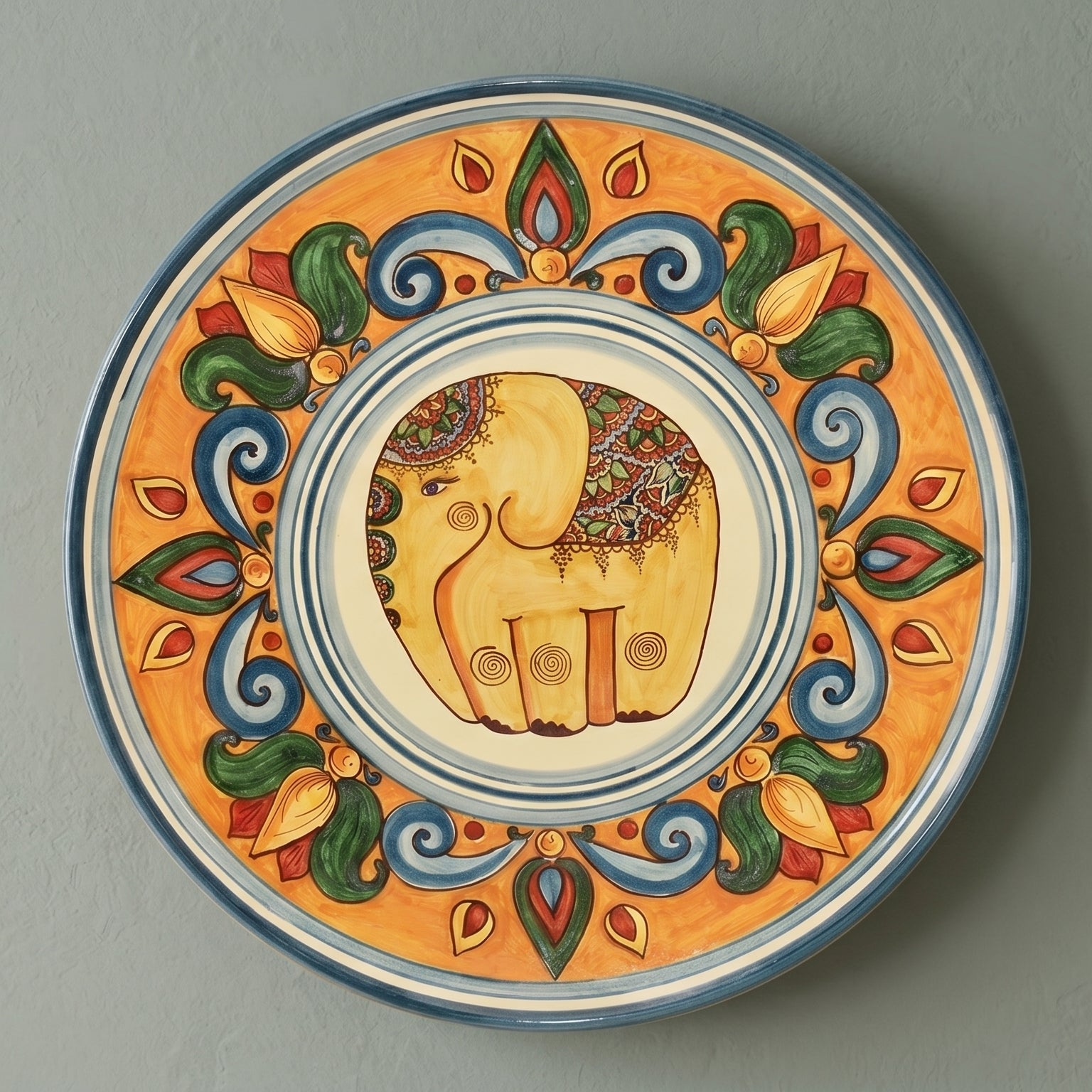 Piatto Ornamentale in Ceramica di Caltagirone — Decoro Elefante, Fondo Arancio