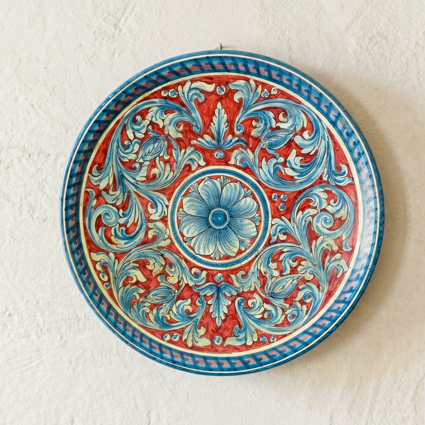 Piatto Ornamentale in Ceramica di Caltagirone - Ornato Blu e Bordeaux