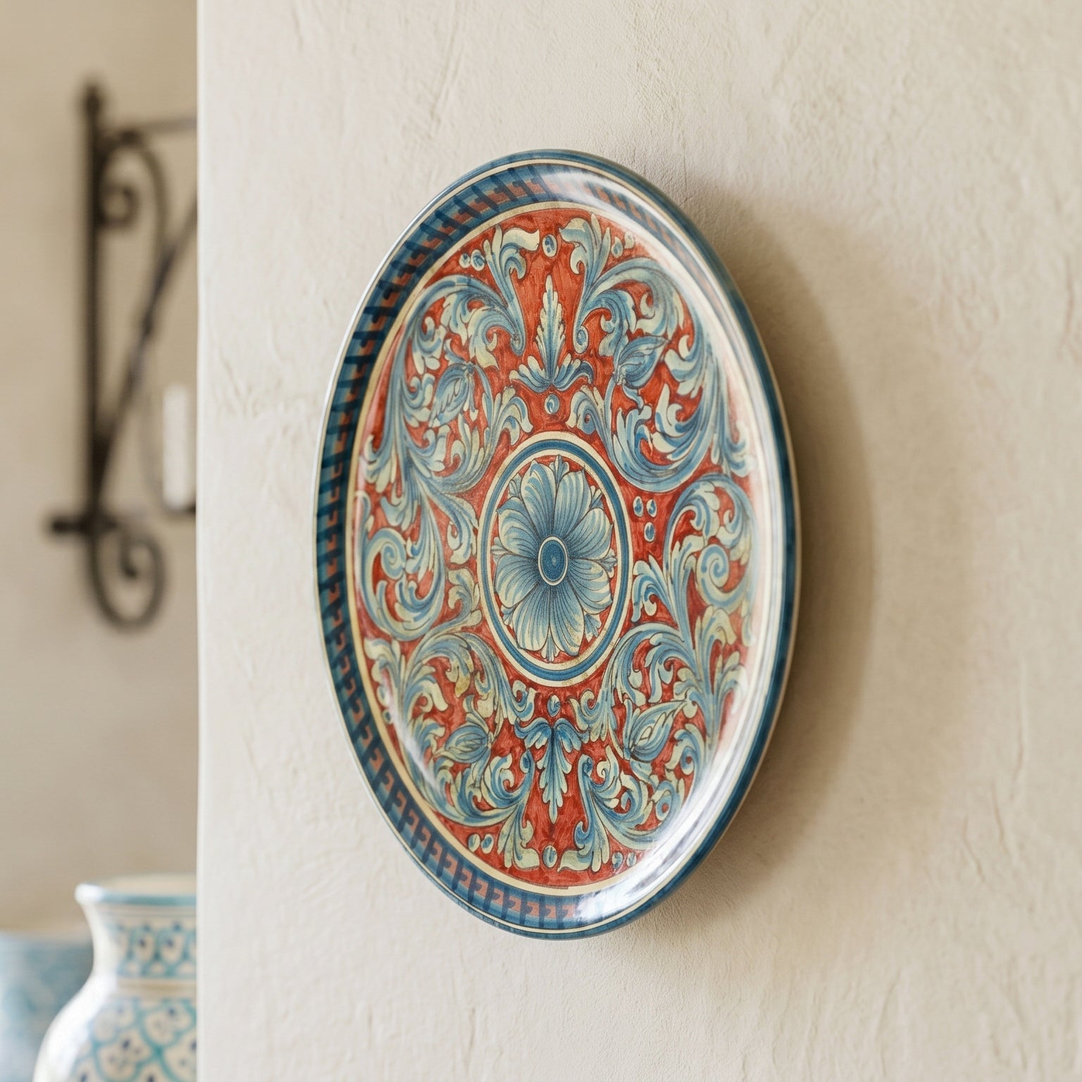 Piatto Ornamentale in Ceramica di Caltagirone - Ornato Blu e Bordeaux