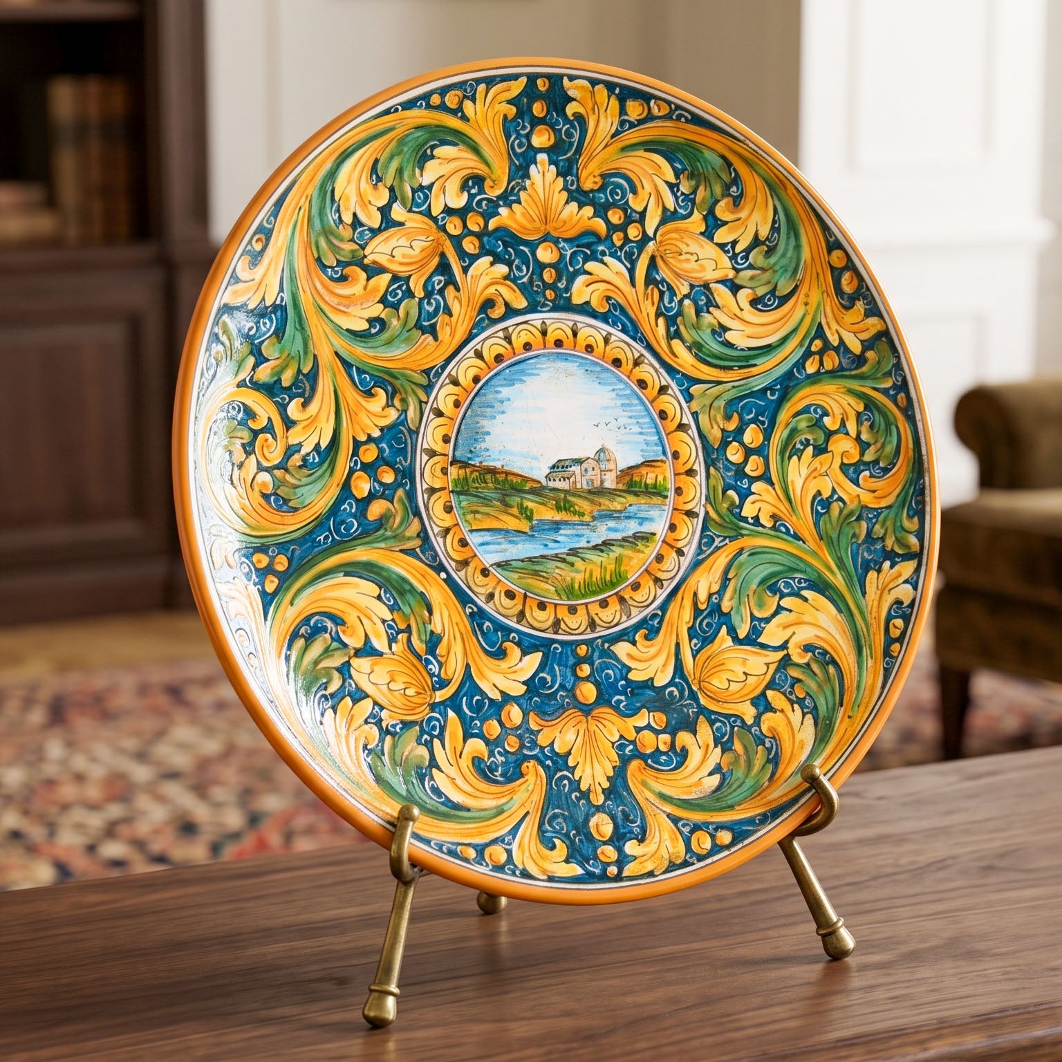 Piatto Ornamentale in Ceramica di Caltagirone - Paesaggio, Ornato Calatino