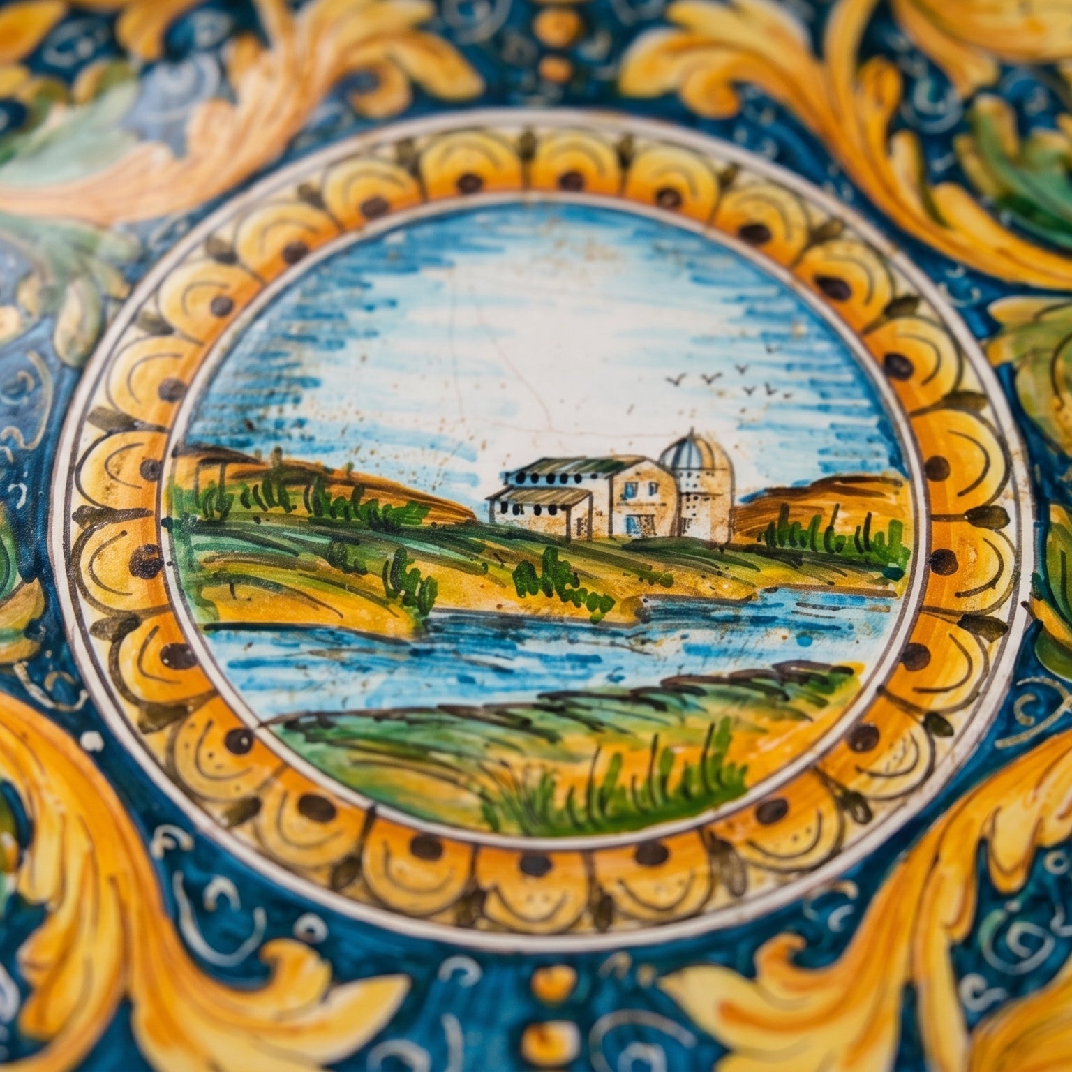 Piatto Ornamentale in Ceramica di Caltagirone - Paesaggio, Ornato Calatino
