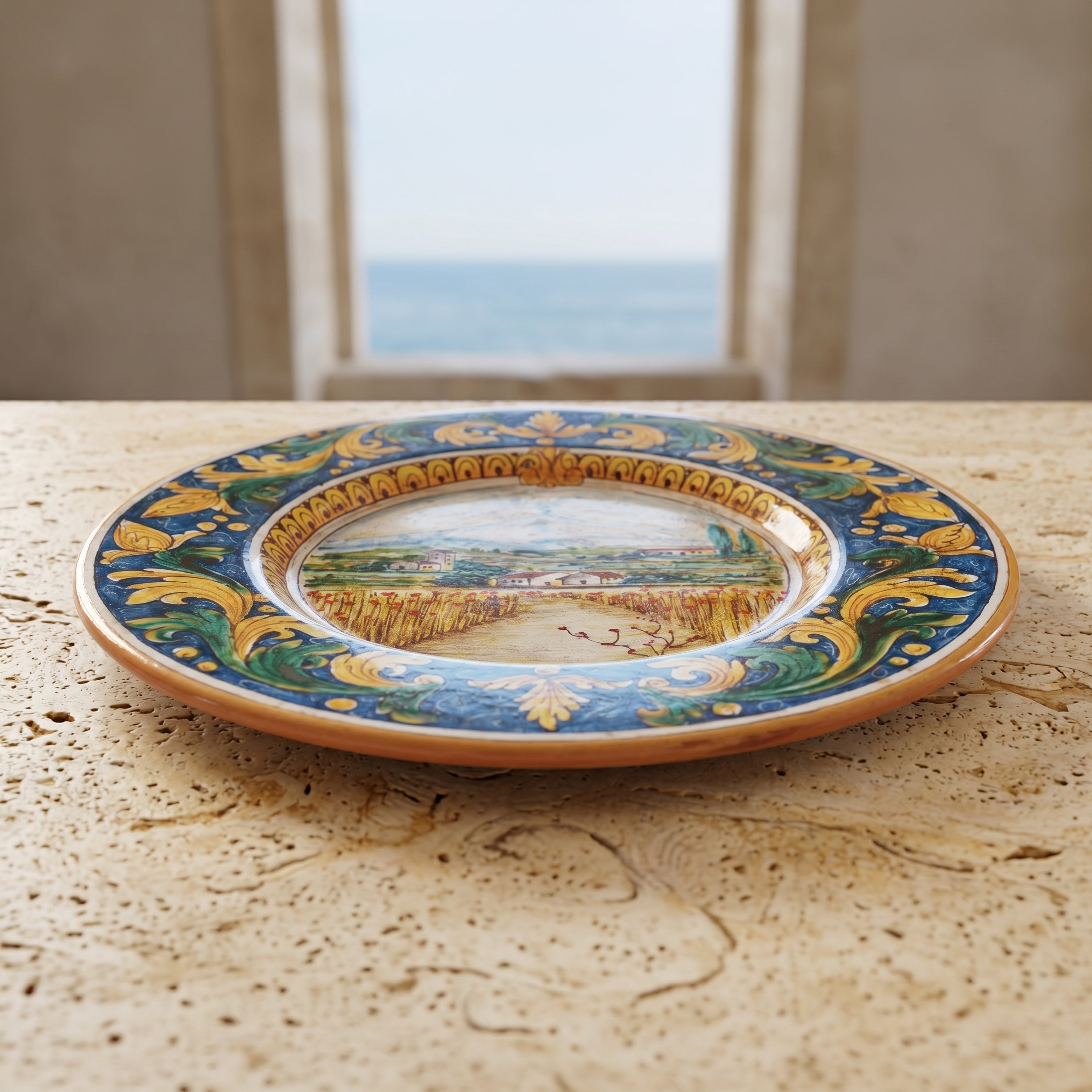 Piatto Cappello Prete in Ceramica di Caltagirone — Paesaggio Etna con Frumento, Ornato Calatino