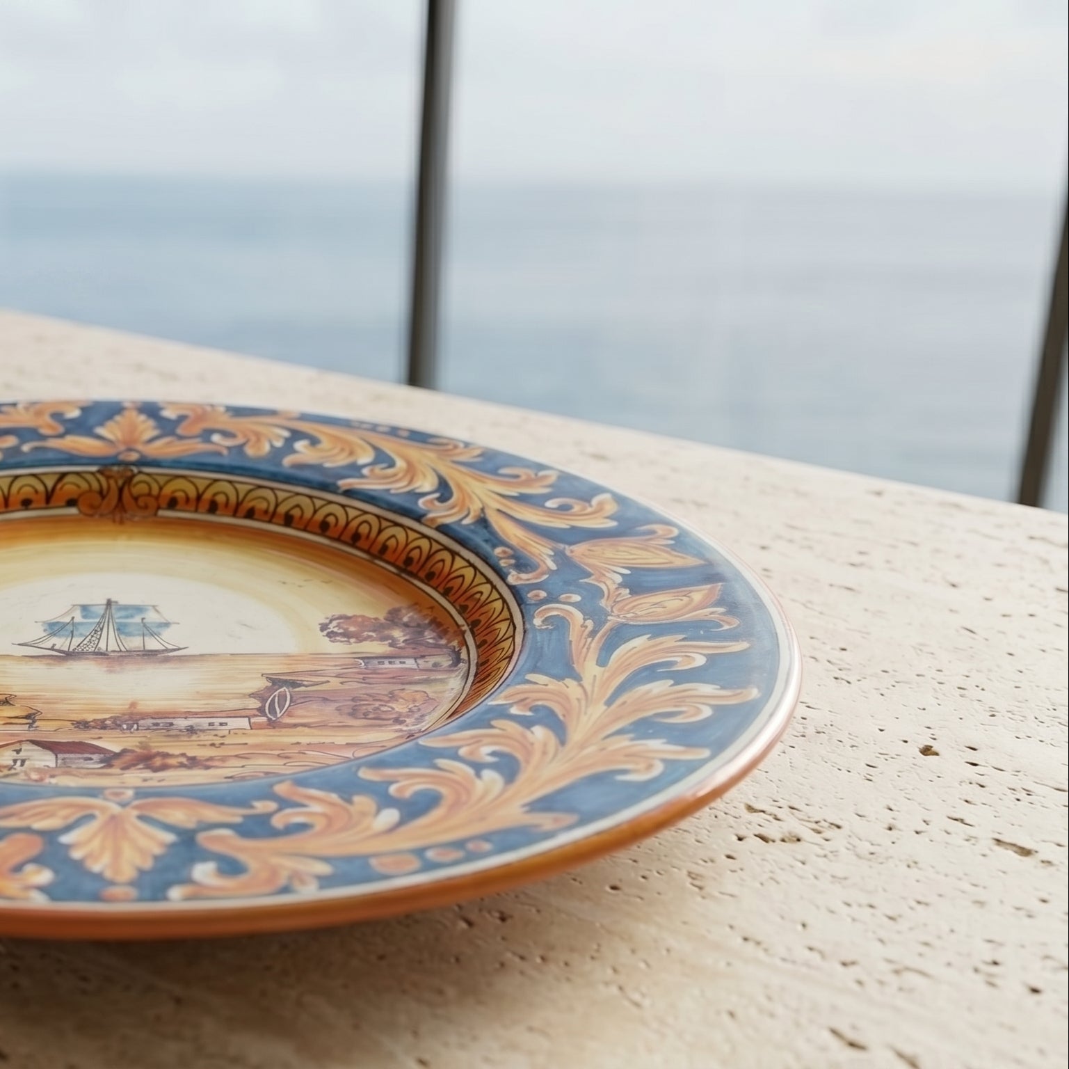 Piatto Cappello Prete in Ceramica di Caltagirone — Veliero, Ornato Fondo Blu
