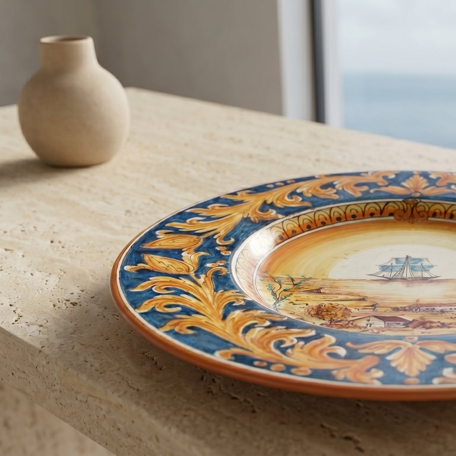 Piatto Cappello Prete in Ceramica di Caltagirone — Veliero, Ornato Fondo Blu