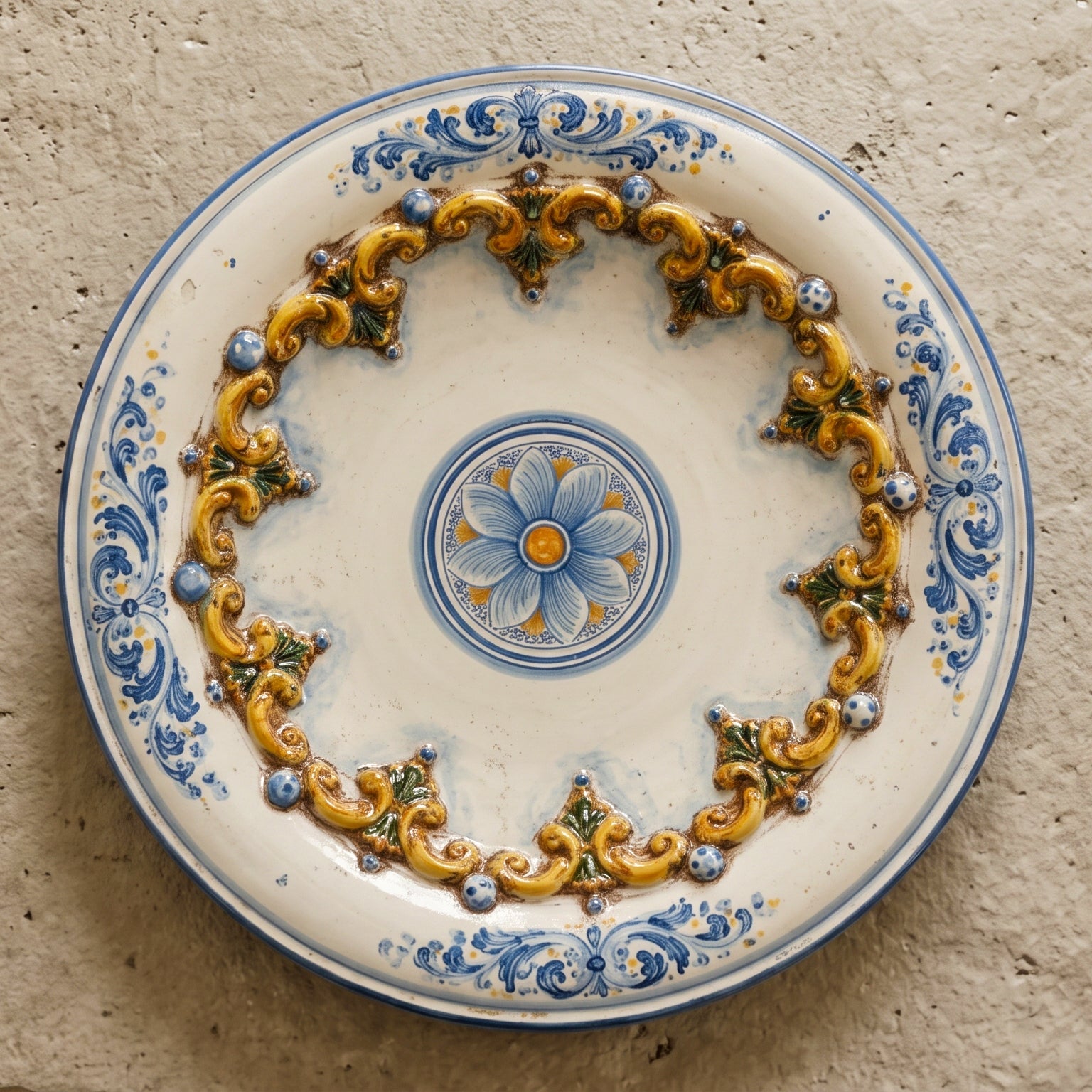 Piatto Ornamentale in Ceramica di Caltagirone Ø 30/40 cm - Plastico Sofia, Tricolore