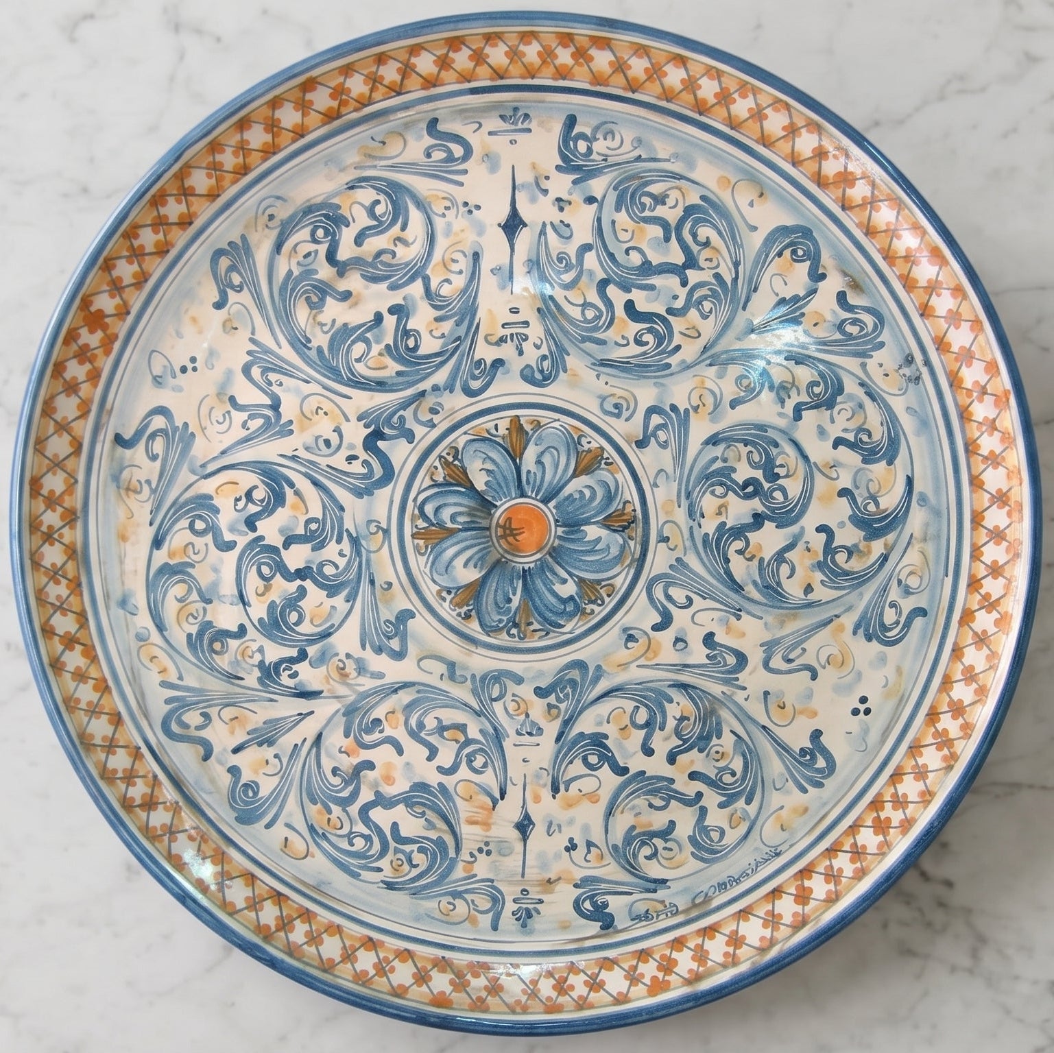 Piatto Ornamentale in Ceramica di Caltagirone - Blu e Arancio, Serie d'Arte