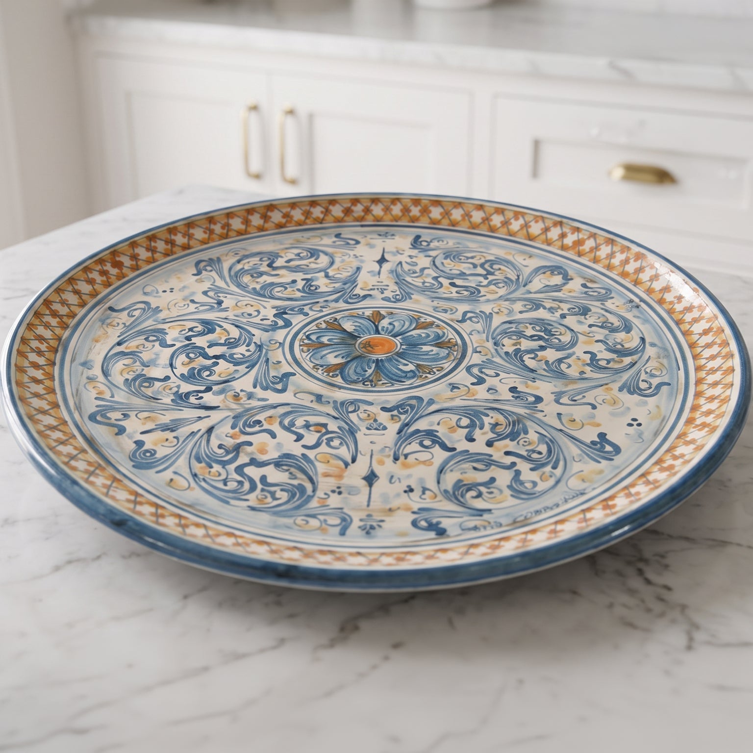 Piatto Ornamentale in Ceramica di Caltagirone - Blu e Arancio, Serie d'Arte
