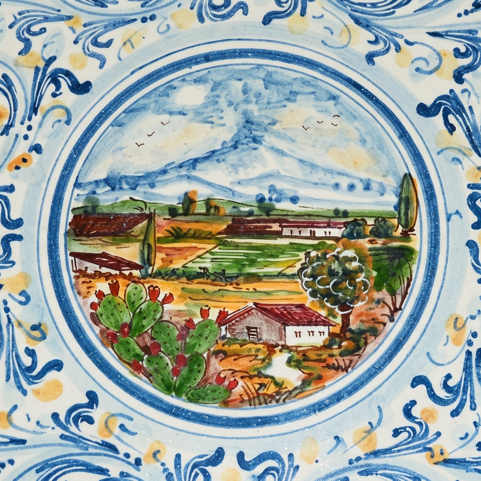 Piatto Ornamentale in Ceramica di Caltagirone - Blu e Arancio, Serie d'Arte