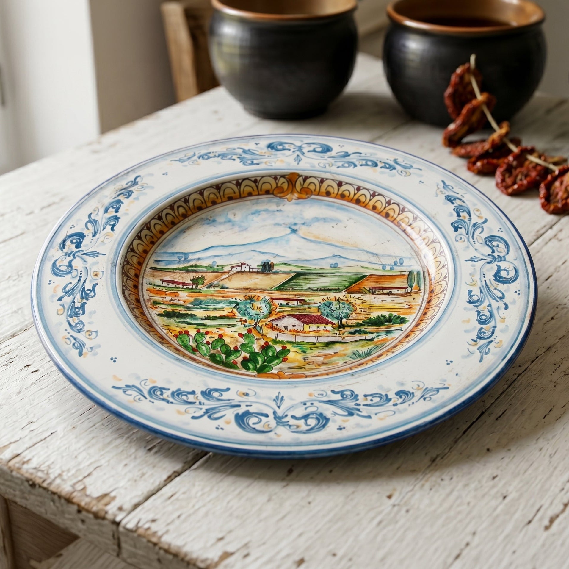 Piatto Cappello Prete in Ceramica di Caltagirone — Con Paesaggio Etna, Serie d'arte in Blu e Arancio