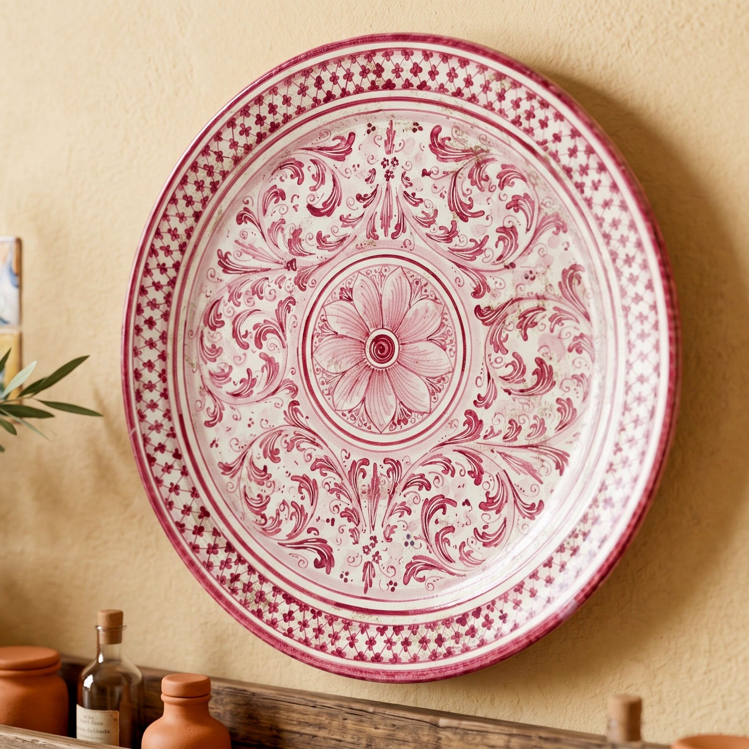 Piatto Ornamentale in Ceramica di Caltagirone - Mono Bordeaux, Serie d'Arte
